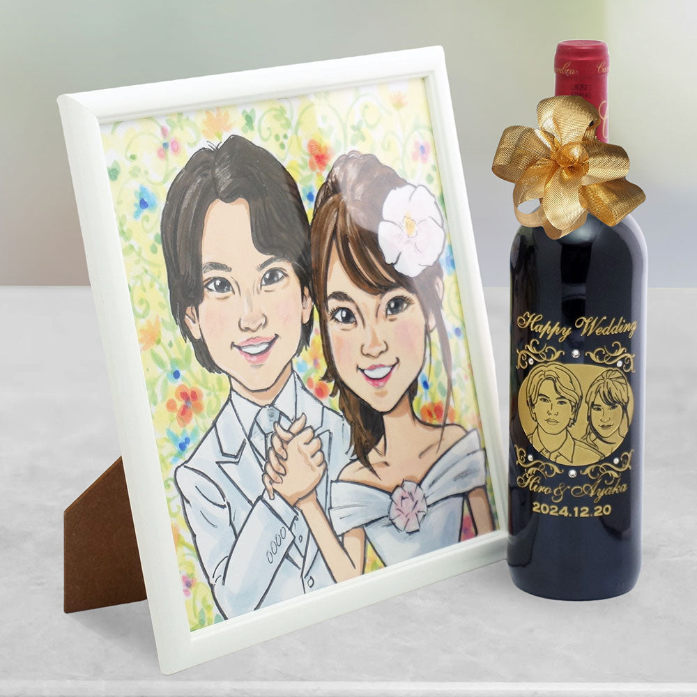 2005年 結婚記念年 / 誕生日 生まれ年ワイン 名前 似顔絵の彫刻 木箱入 平成17年