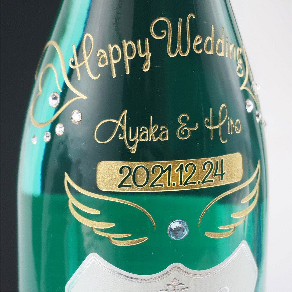 名前入り彫刻  スパークリングワイン ブラン ド ブルー 750ml  ペアグラスのセット 結婚祝／誕生日 ラインストーンデコ