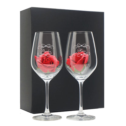 名前入り彫刻 ペアワイングラス ラインストーンデコ ソープフラワー付 化粧箱入